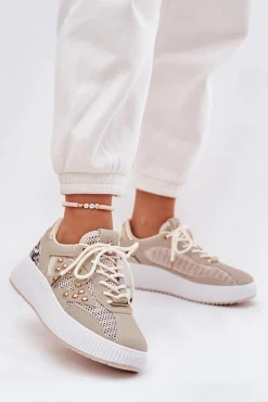 Buty Sportowe Na Platformie|Sneakersy Damskie>Boto Buty Sportowe Damskie Z Siateczką I Ćwiekami Beżowe Ogalda Beżowy