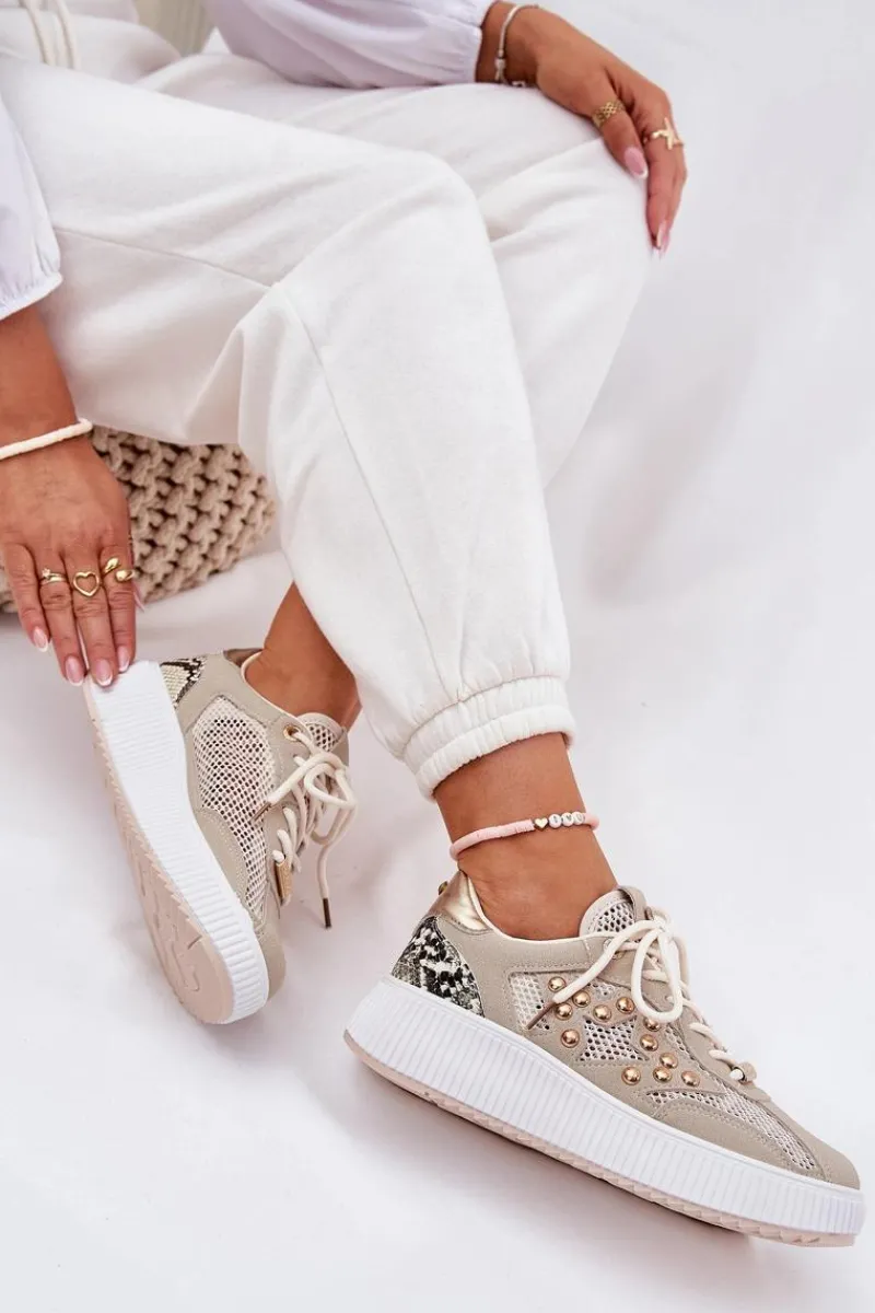 Buty Sportowe Na Platformie|Sneakersy Damskie>Boto Buty Sportowe Damskie Z Siateczką I Ćwiekami Beżowe Ogalda Beżowy