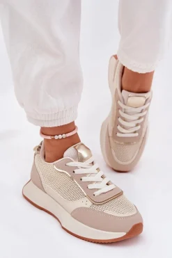 Buty Sportowe Na Platformie|Sneakersy Damskie>Boto Buty Sportowe Damskie Z Siateczką Na Platformie Beżowe Poova Beżowy