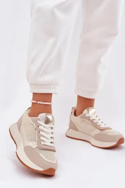 Buty Sportowe Na Platformie|Sneakersy Damskie>Boto Buty Sportowe Damskie Z Siateczką Na Platformie Beżowe Poova Beżowy