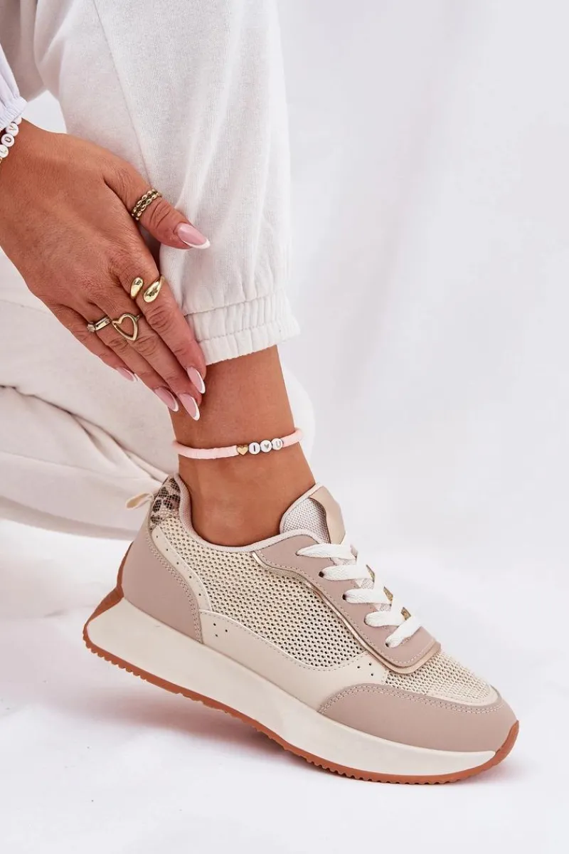 Buty Sportowe Na Platformie|Sneakersy Damskie>Boto Buty Sportowe Damskie Z Siateczką Na Platformie Beżowe Poova Beżowy