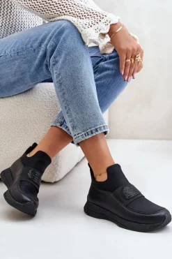 Hot Artiker Buty Sportowe Na Platformie Skórzane Czarne 55C0035