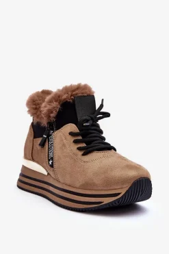 Best Buty Sportowe Na Platformie Z Futerkiem Ciemnobeżowe Jamarie Damskie Buty Sportowe Na Platformie|Sneakersy Damskie