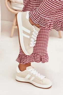 Sale Buty Sportowe Sneakersy Damskie Z Eko Skóry Beżowe Ravina Damskie Sneakersy Damskie