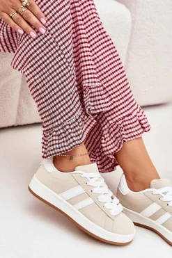Sale Buty Sportowe Sneakersy Damskie Z Eko Skóry Beżowe Ravina Damskie Sneakersy Damskie