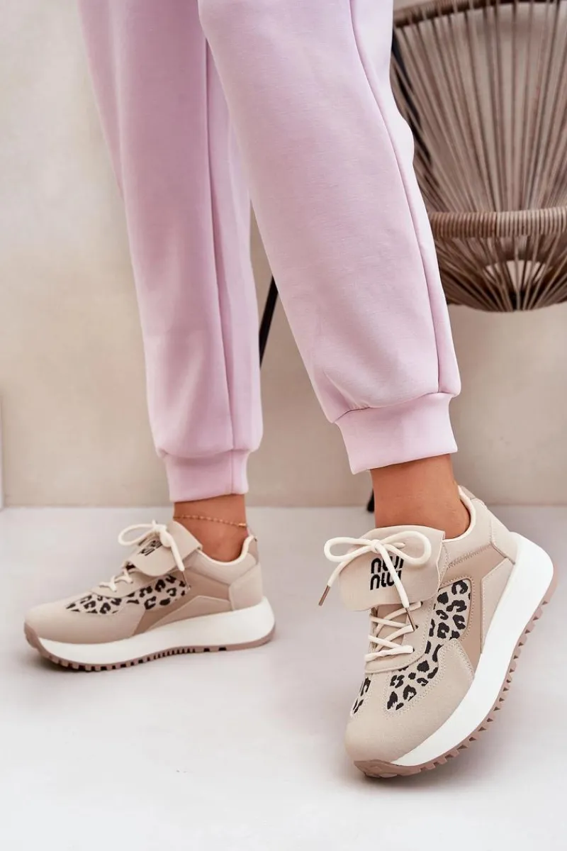 Buty Sportowe Sneakersy Damskie Na Platformie Panterka Beżowe Pumbes Damskie Buty Sportowe Na Platformie|Sneakersy Damskie