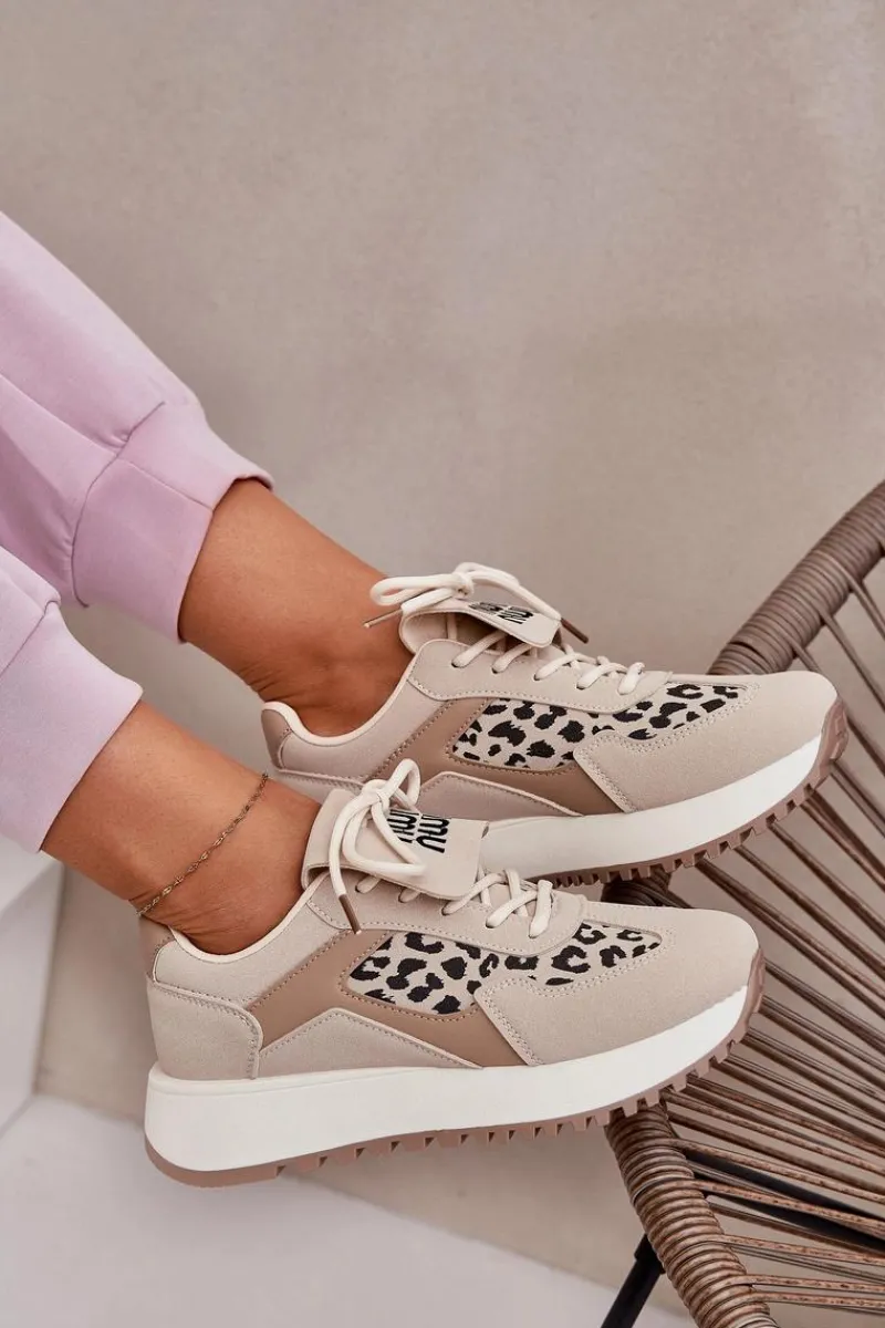 Buty Sportowe Sneakersy Damskie Na Platformie Panterka Beżowe Pumbes Damskie Buty Sportowe Na Platformie|Sneakersy Damskie