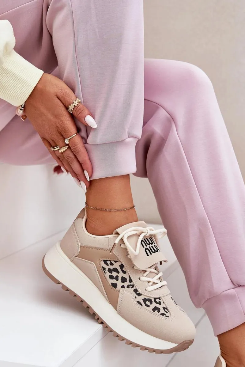 Buty Sportowe Sneakersy Damskie Na Platformie Panterka Beżowe Pumbes Damskie Buty Sportowe Na Platformie|Sneakersy Damskie