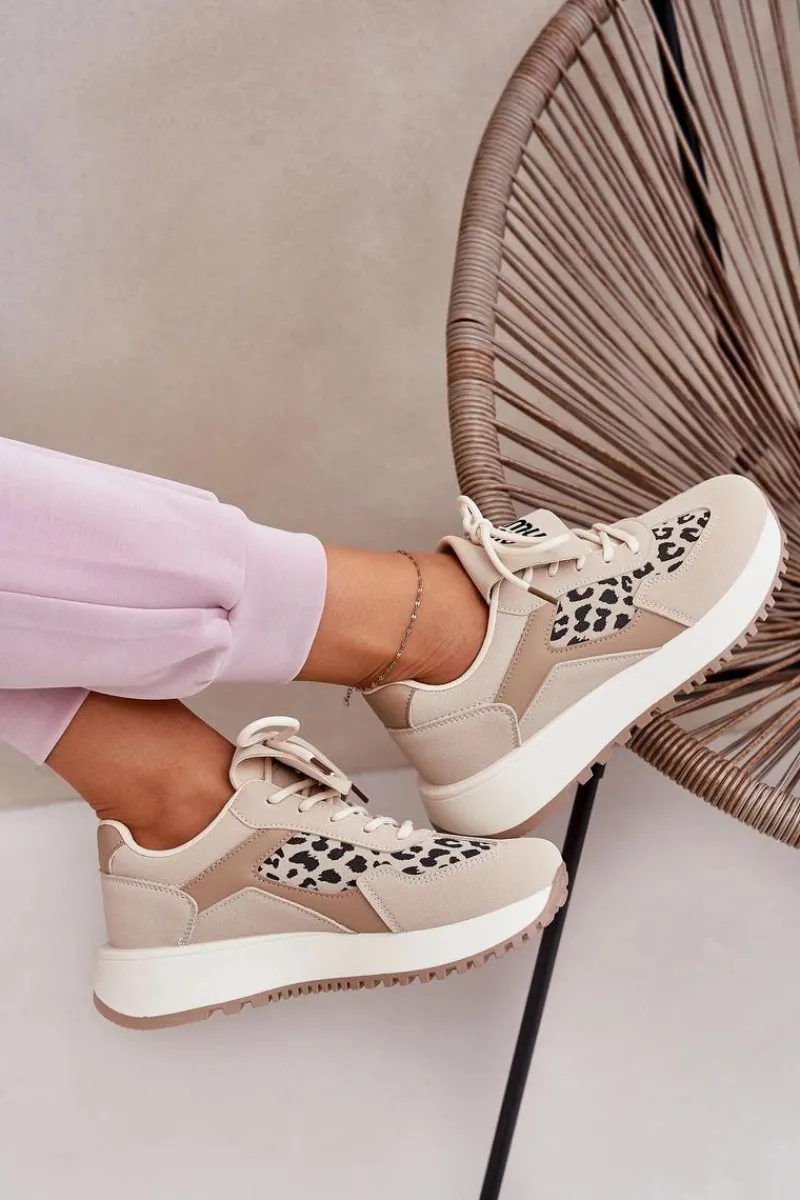 Buty Sportowe Sneakersy Damskie Na Platformie Panterka Beżowe Pumbes Damskie Buty Sportowe Na Platformie|Sneakersy Damskie