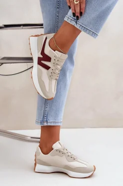 Sale Buty Sportowe Sneakersy Damskie Beżowo-Bordowe Britma Damskie Sneakersy Damskie