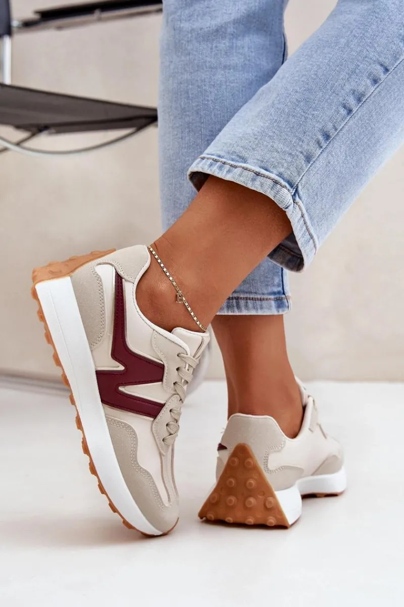 Sale Buty Sportowe Sneakersy Damskie Beżowo-Bordowe Britma Damskie Sneakersy Damskie