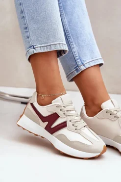 Sale Buty Sportowe Sneakersy Damskie Beżowo-Bordowe Britma Damskie Sneakersy Damskie