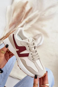Sale Buty Sportowe Sneakersy Damskie Beżowo-Bordowe Britma Damskie Sneakersy Damskie