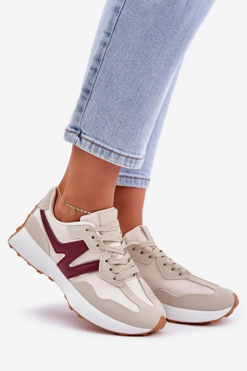 Sale Buty Sportowe Sneakersy Damskie Beżowo-Bordowe Britma Damskie Sneakersy Damskie