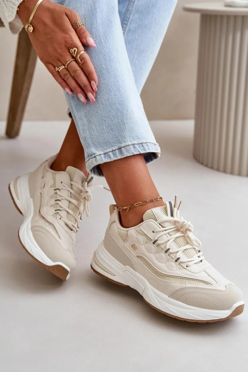 Outlet Buty Sportowe Sneakersy Eko Skórzane Beżowe Verilisse Damskie Buty Sportowe Na Platformie|Sneakersy Damskie