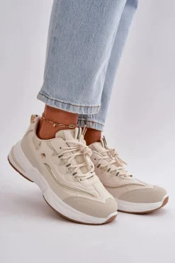 Outlet Buty Sportowe Sneakersy Eko Skórzane Beżowe Verilisse Damskie Buty Sportowe Na Platformie|Sneakersy Damskie