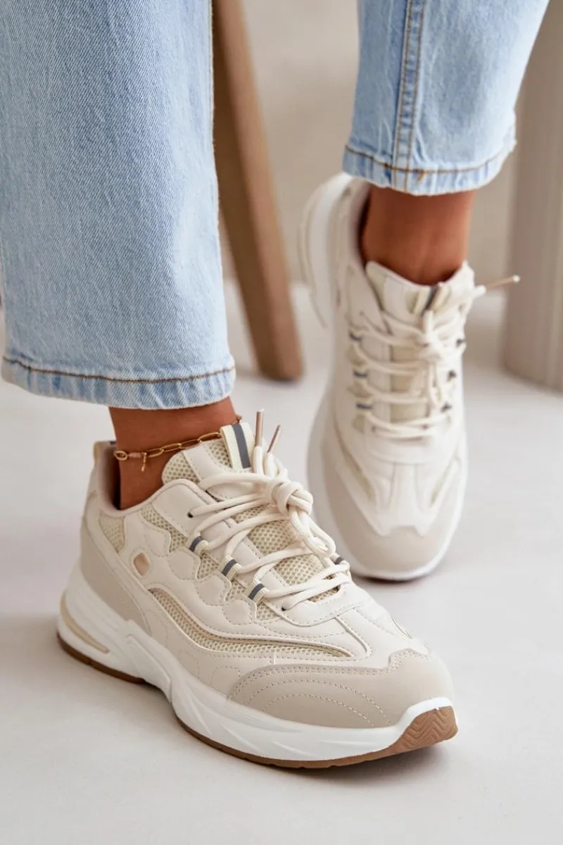 Outlet Buty Sportowe Sneakersy Eko Skórzane Beżowe Verilisse Damskie Buty Sportowe Na Platformie|Sneakersy Damskie