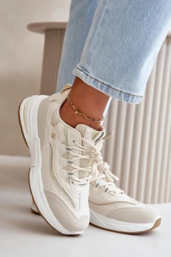 Outlet Buty Sportowe Sneakersy Eko Skórzane Beżowe Verilisse Damskie Buty Sportowe Na Platformie|Sneakersy Damskie