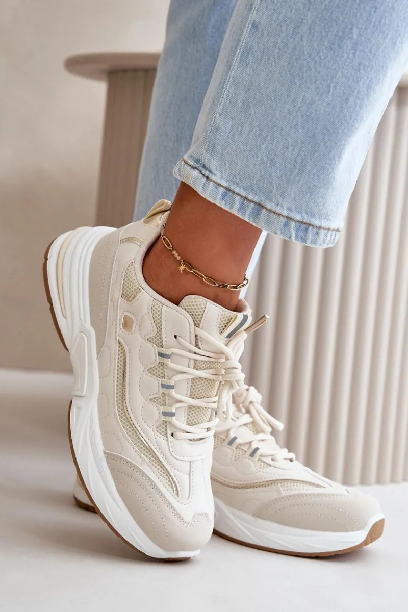 Outlet Buty Sportowe Sneakersy Eko Skórzane Beżowe Verilisse Damskie Buty Sportowe Na Platformie|Sneakersy Damskie