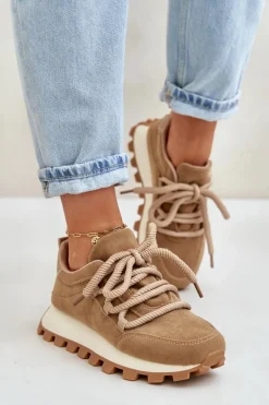 Hot Buty Sportowe Sneakersy Na Platformie Z Eko Zamszu Brązowe Riadella Damskie Buty Sportowe Na Platformie|Sneakersy Damskie