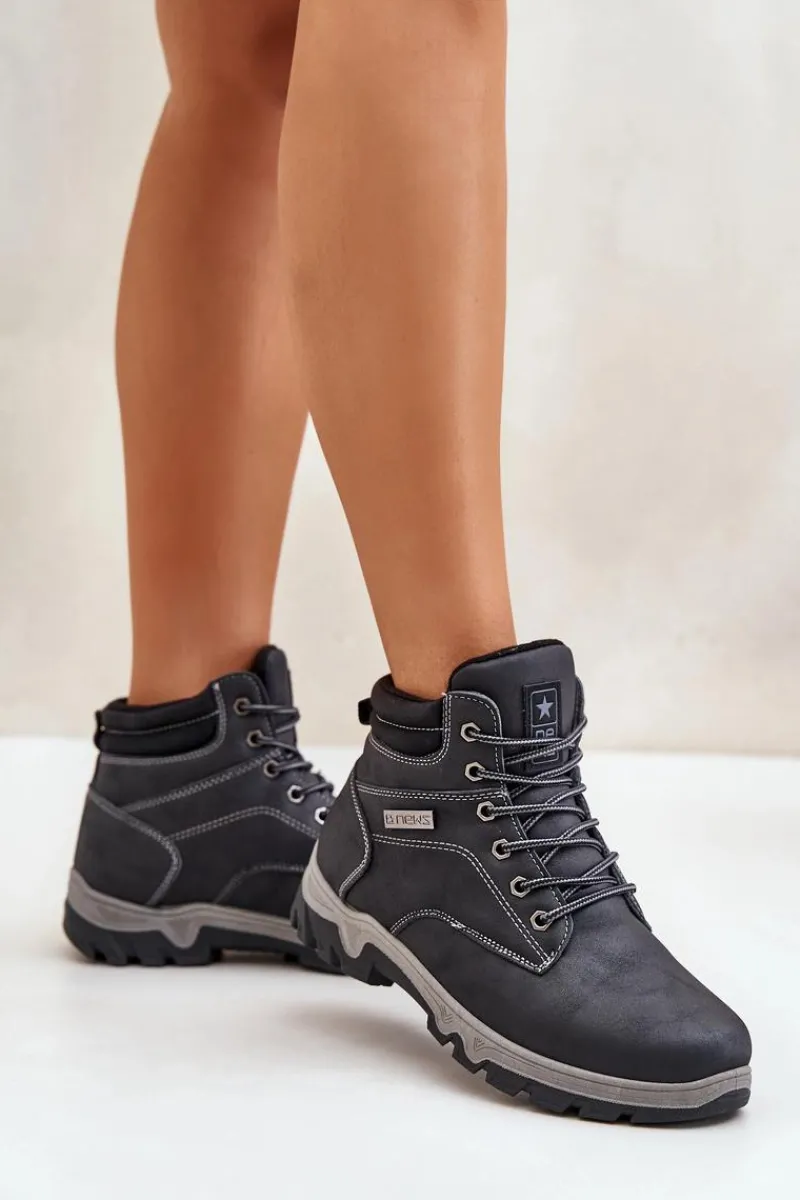 Clearance Evento Buty Trekkingowe Męskie Ocieplane Z Eko Skóry Granatowe Neramia