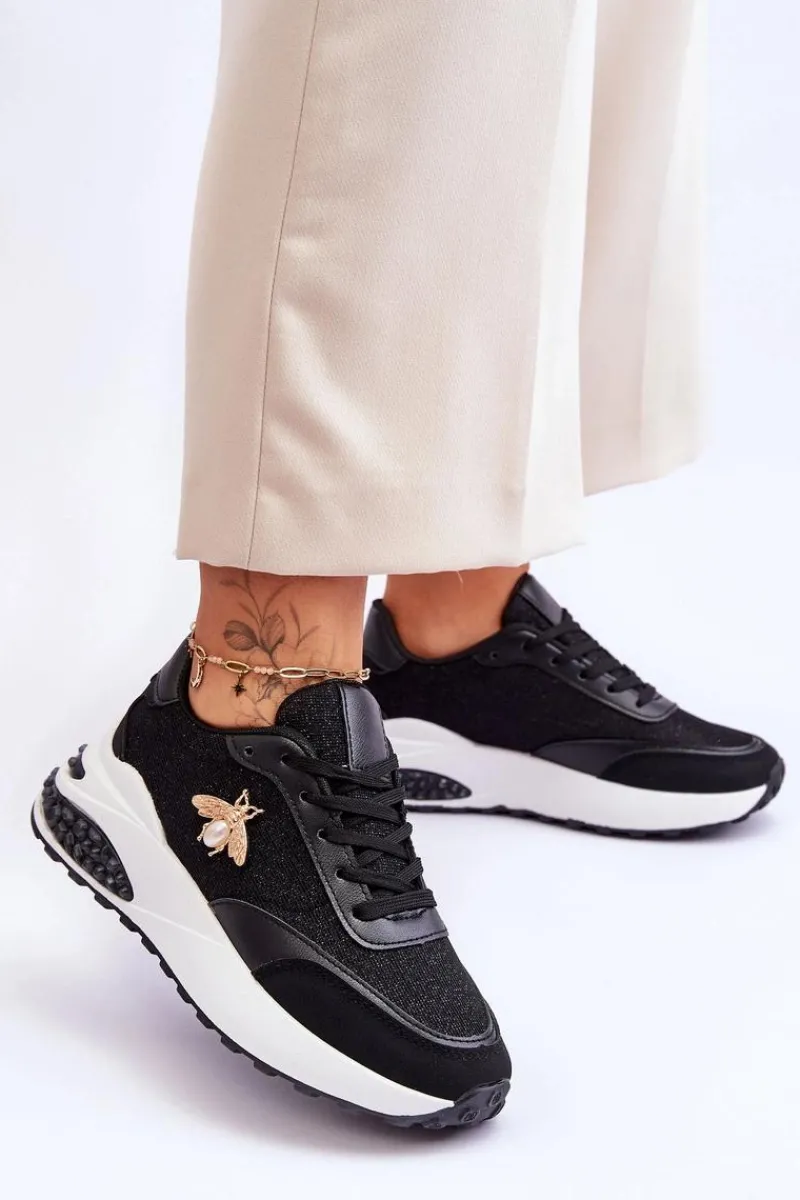 Sneakersy Damskie>Boto Błyszczące Buty Sportowe Z Ozdobą Czarne Seneca