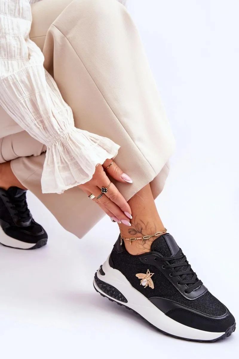 Sneakersy Damskie>Boto Błyszczące Buty Sportowe Z Ozdobą Czarne Seneca