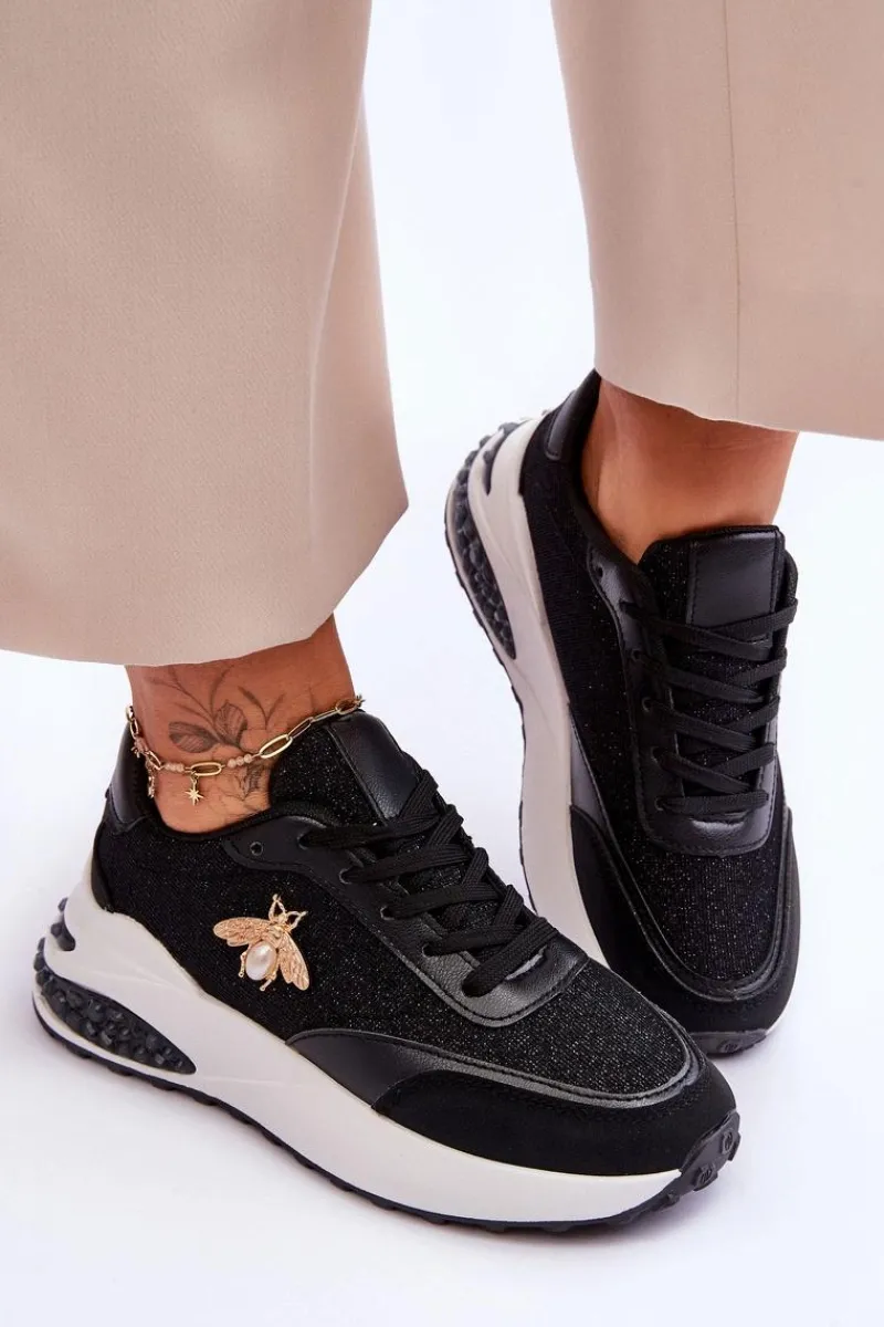 Sneakersy Damskie>Boto Błyszczące Buty Sportowe Z Ozdobą Czarne Seneca