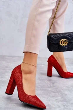 Sale Błyszczące Czółenka Na Słupku Czerwone Elmira Damskie Czółenka Na Słupku|Czółenka Klasyczne