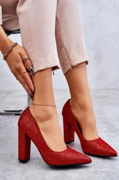 Sale Błyszczące Czółenka Na Słupku Czerwone Elmira Damskie Czółenka Na Słupku|Czółenka Klasyczne