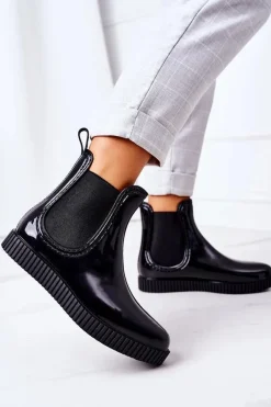 Clearance Boto Błyszczące Kalosze Na Platformie Czarne Waterfall