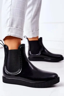 Clearance Boto Błyszczące Kalosze Na Platformie Czarne Waterfall