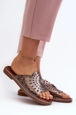 Sale Błyszczące Klapki Damskie Na Płaskim Obcasie Z Ozdobą Miedziane Ebirena Damskie Klapki Damskie Klasyczne