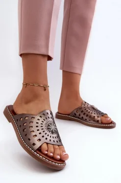 Sale Błyszczące Klapki Damskie Na Płaskim Obcasie Z Ozdobą Miedziane Ebirena Damskie Klapki Damskie Klasyczne