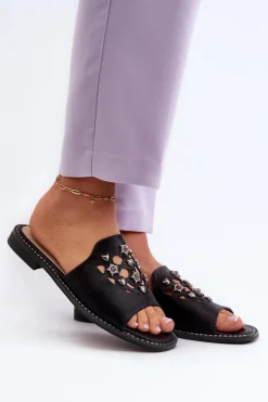 Klapki Damskie Klasyczne>Damskie buty S.Barski Błyszczące Klapki Damskie Z Ozdobami S.Barski KV27-063 Czarne Czarny