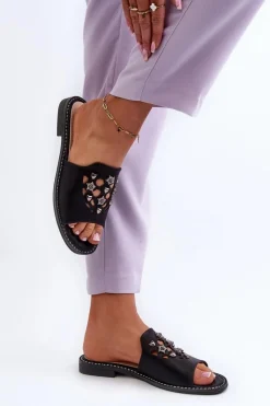 Klapki Damskie Klasyczne>Damskie buty S.Barski Błyszczące Klapki Damskie Z Ozdobami S.Barski KV27-063 Czarne Czarny