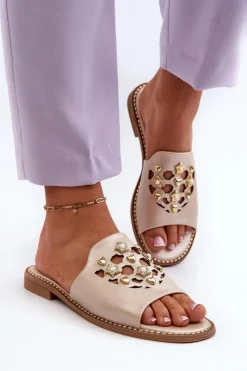 Hot Damskie buty S.Barski Błyszczące Klapki Damskie Z Ozdobami S.Barski KV27-063 Złote