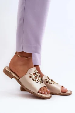 Hot Damskie buty S.Barski Błyszczące Klapki Damskie Z Ozdobami S.Barski KV27-063 Złote