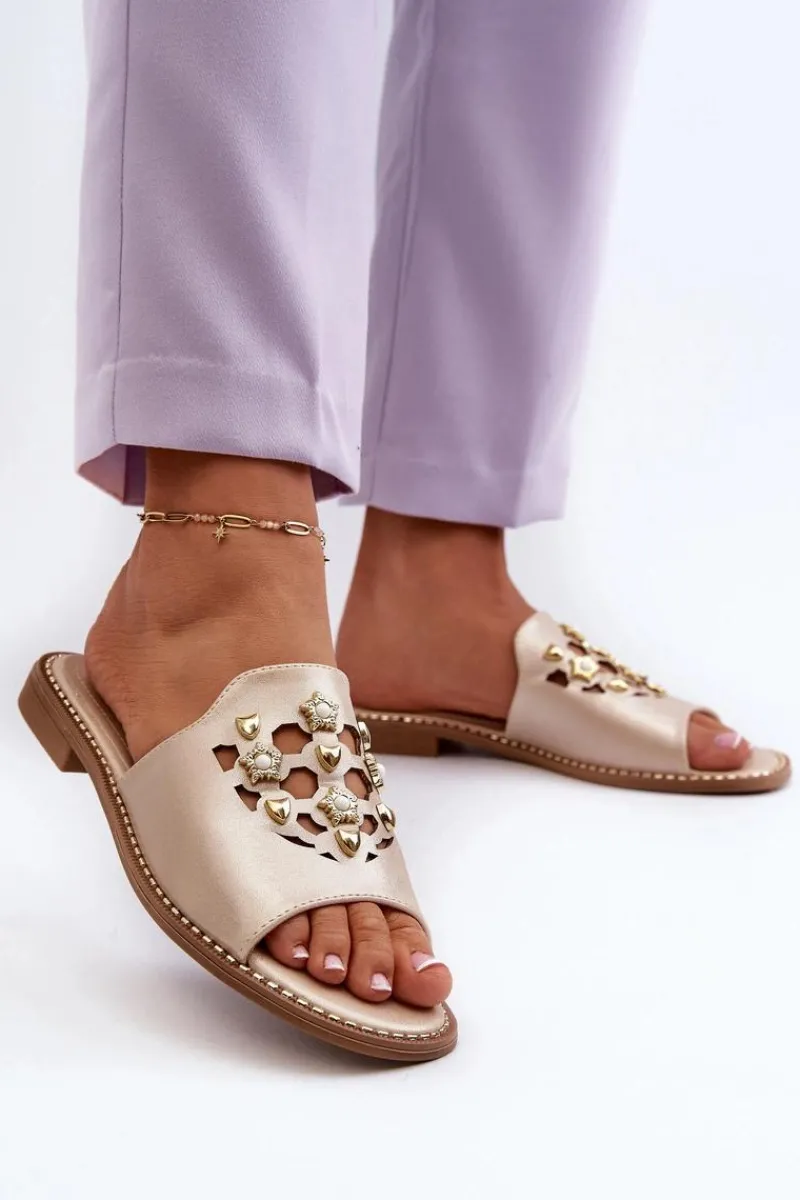 Hot Damskie buty S.Barski Błyszczące Klapki Damskie Z Ozdobami S.Barski KV27-063 Złote