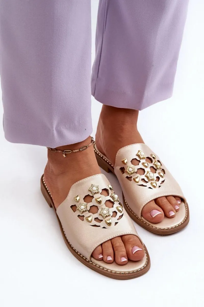 Hot Damskie buty S.Barski Błyszczące Klapki Damskie Z Ozdobami S.Barski KV27-063 Złote