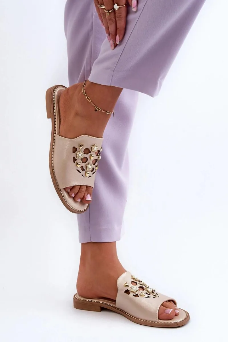 Hot Damskie buty S.Barski Błyszczące Klapki Damskie Z Ozdobami S.Barski KV27-063 Złote