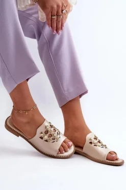 Hot Damskie buty S.Barski Błyszczące Klapki Damskie Z Ozdobami S.Barski KV27-063 Złote