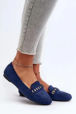Sale Błyszczące Mokasyny Damskie Z Łańcuchem Granatowe Aredilla Damskie Loafersy Damskie|Mokasyny Damskie Zamszowe