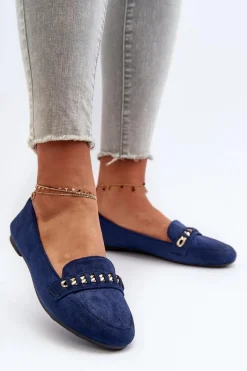 Sale Błyszczące Mokasyny Damskie Z Łańcuchem Granatowe Aredilla Damskie Loafersy Damskie|Mokasyny Damskie Zamszowe