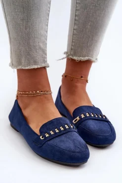 Sale Błyszczące Mokasyny Damskie Z Łańcuchem Granatowe Aredilla Damskie Loafersy Damskie|Mokasyny Damskie Zamszowe