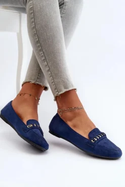 Sale Błyszczące Mokasyny Damskie Z Łańcuchem Granatowe Aredilla Damskie Loafersy Damskie|Mokasyny Damskie Zamszowe