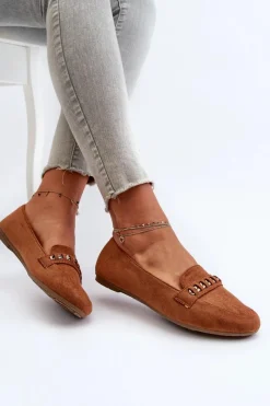 Best Boto Błyszczące Mokasyny Damskie Z Łańcuchem Camel Aredilla Brązowy