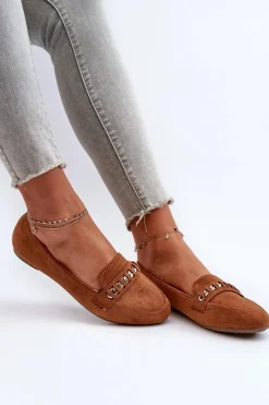 Best Boto Błyszczące Mokasyny Damskie Z Łańcuchem Camel Aredilla Brązowy