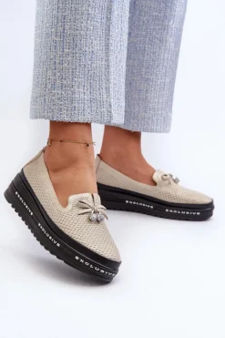 Loafersy Damskie|Mokasyny Damskie Skórzane>Damskie buty S.Barski Błyszczące Mokasyny Damskie Skórzane Na Platformie S.Barski LR400 Złote Złoty