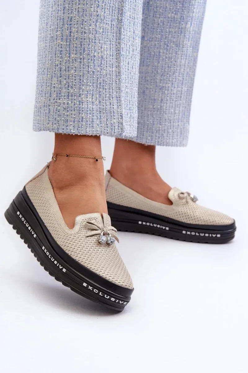 Loafersy Damskie|Mokasyny Damskie Skórzane>Damskie buty S.Barski Błyszczące Mokasyny Damskie Skórzane Na Platformie S.Barski LR400 Złote Złoty